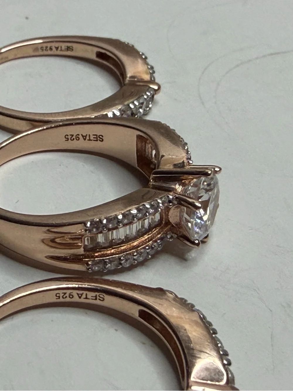SETA Signed 925 Sterling Silver Rose Gold Plated 3-Piece Bridal Ring Set size 10